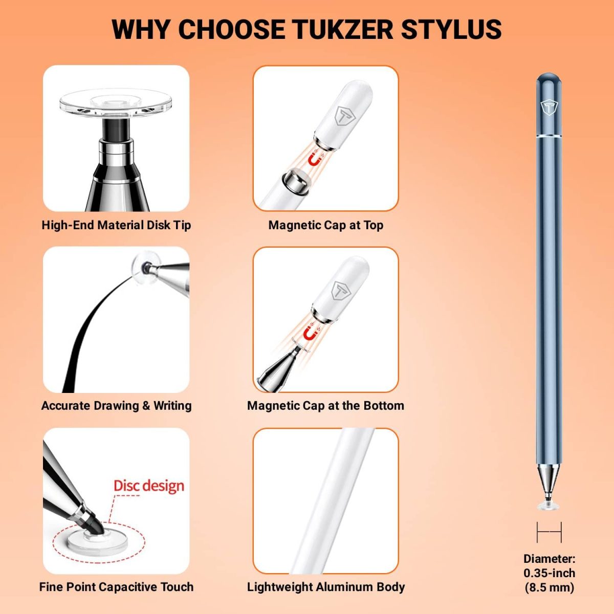 Tukzer Universal Stylus Pen for Smartphone/Tablet/iPad/Pro/Air/iPhone/iOS/Android/All Touch Screens Devices| Fine Point Disc Tip, Lightweight Aluminum Body Magnetic Cap Drawing Writing (Grey) - Image 4