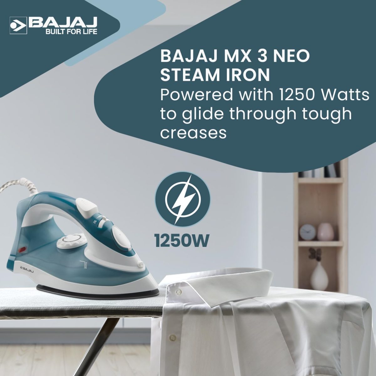 Bajaj MX 3 Neo Steam Iron | 1250 Watts Power For Faster Ironing | Vertical & Horizontal Ironing | Spray Function | Anti-Bacterial & Non-Stick Soleplate Coating | 2-Yr Warranty By Bajaj 【Blue】 - Image 2