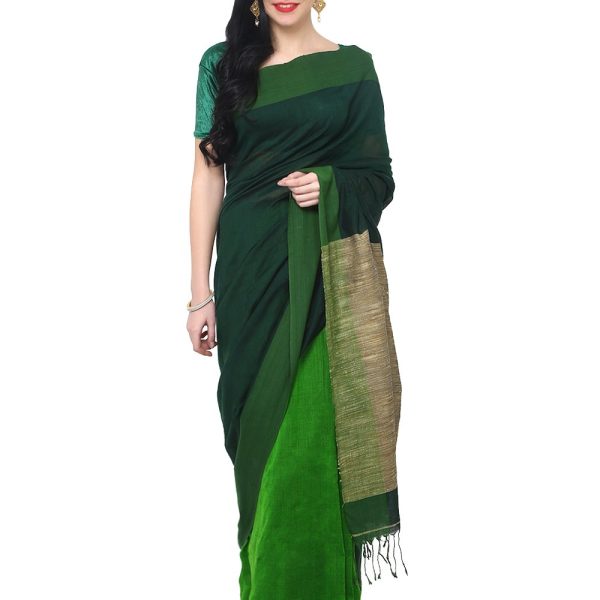 THE WEAVE TRAVELLER Women's Woven Cotton Handloom Saree with Attached Blouse