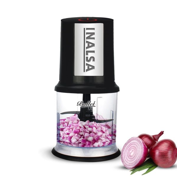 INALSA Electric Chopper Bullet-400 Watts with 100% Pure Copper Motor| Chop, Mince, Puree, Dice | Twin Blade Technology|0.5 l Capacity| One Touch Operation, 1.30mtr Long Power Cord (Black/Silver)