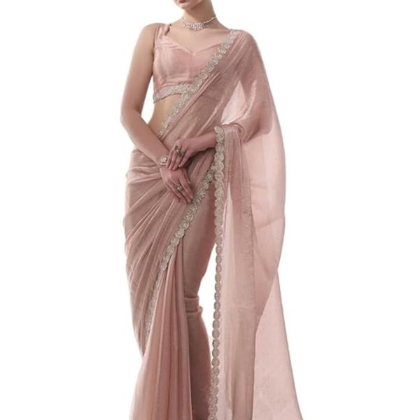ORHANS Women's Chiffon Saree With All-Over Diamond & Lace Work || Designer Party Wear Saree For Wedding, Festival, Reception & Special Occasions || Includes Matching Chiffon Unstitched Blouse Piece