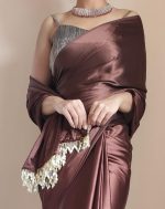 SHOPAZ Women's Ready to Wear Coffee Satin Silk 1 Minute Pre Pleated Heavy Saree with Unstitched Coffee Blouse - Image 5