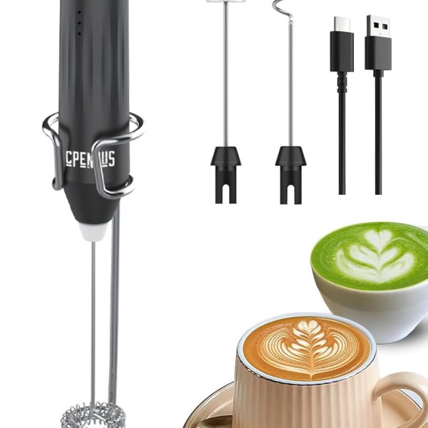 CPENSUS Coffee frother Electric with 3 Whisker & Stand 3-Speed Adjustable 1100mAh Battery Milk Blender Beater Handheld Foam Maker Mixer Gift 11000 RPM Lattes Cappuccino (4 in 1 Black)