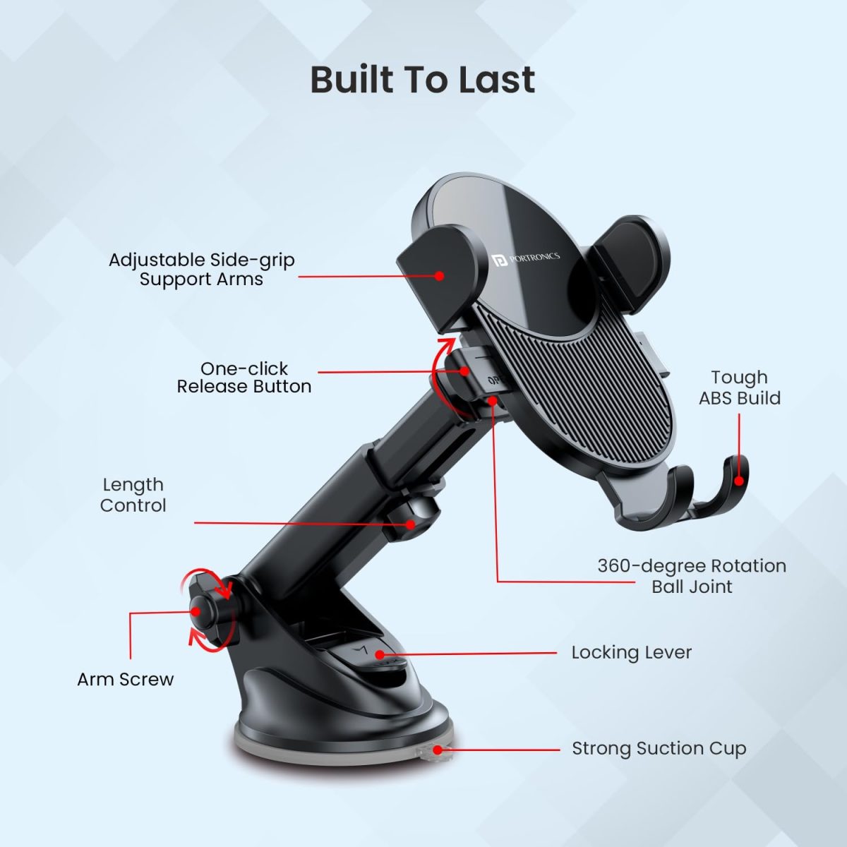 Portronics Clamp M3 Adjustable Car Mobile Phone Holder Stand for Dashboard & Windshield, 360° Rotational, Strong Suction Cup, Compatible with 4 to 6 inch Devices(Black) - Image 7