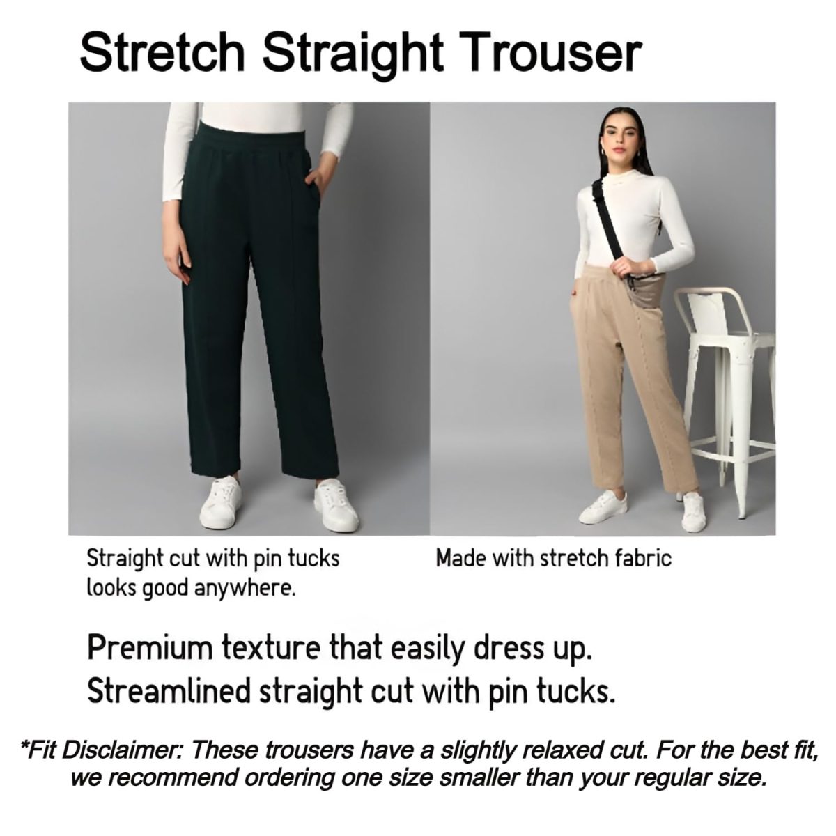 Alan Jones Clothing Womens Mid Rise Stretch Straight Trousers | Straight Fit With Pin Tucks | Side Pockets | Concealed Drawstring Waist - Image 6