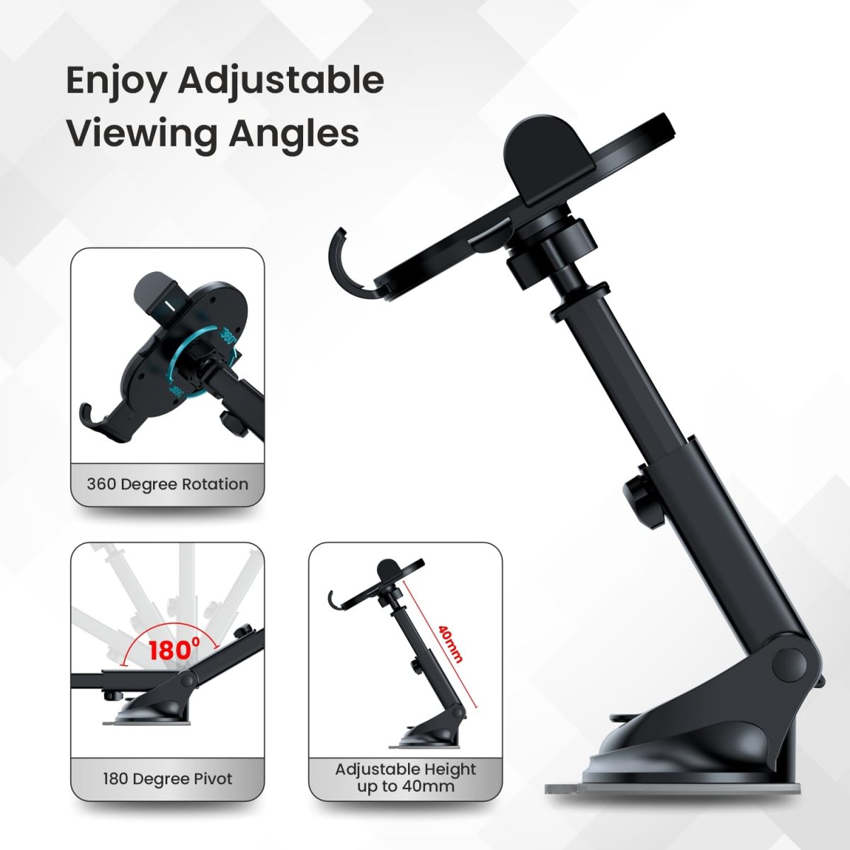 Portronics Clamp M3 Adjustable Car Mobile Phone Holder Stand for Dashboard & Windshield, 360° Rotational, Strong Suction Cup, Compatible with 4 to 6 inch Devices(Black) - Image 6