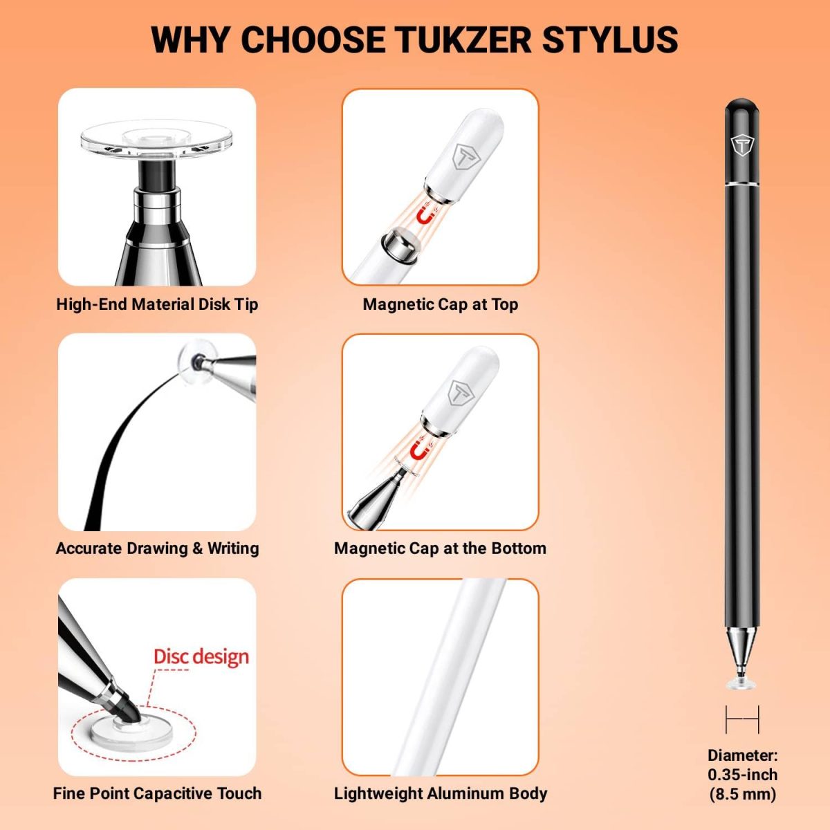 Tukzer Universal Stylus Pen for Smartphone/Tablet/iPad/Pro/Air/iPhone/iOS/Android/All Touch Screens Devices| Fine Point Disc Tip, Lightweight Aluminum Body Magnetic Cap Drawing Writing (Black) - Image 4