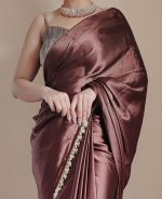 SHOPAZ Women's Ready to Wear Coffee Satin Silk 1 Minute Pre Pleated Heavy Saree with Unstitched Coffee Blouse - Image 4