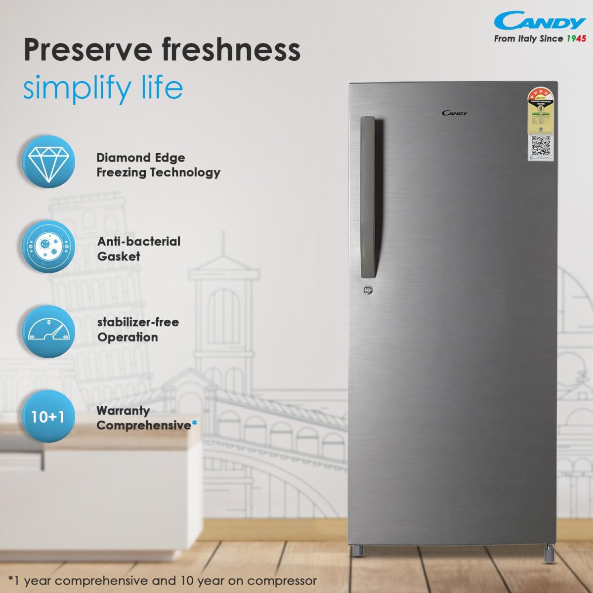 CANDY 190 L 4 Star Direct Cool Single Door Mettalic Finish with Toughened glass shelves & large Refrogerator (Brushline Silver, CSD2004SS) - Image 2