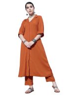 Varanga Women Rust Shirt Collar Neck A-Line Kurta Paired with Tonal Bottom – Elegant & Comfortable Ethnic Wear for Women