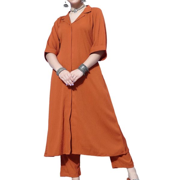 Varanga Women Rust Shirt Collar Neck A-Line Kurta Paired with Tonal Bottom – Elegant & Comfortable Ethnic Wear for Women