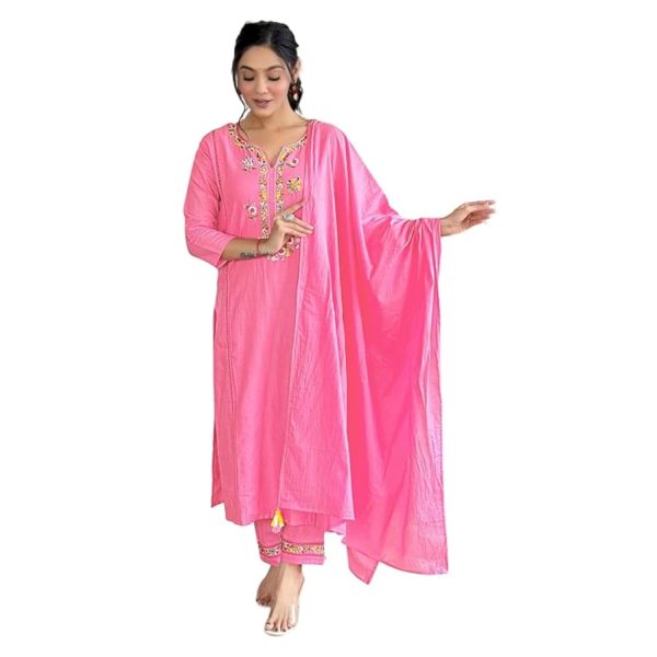 Naixa Women's Viscose Cotton Embroidered Straight Kurta with Pant and Dupatta Sets (Available in Plus Size) (NX-591)