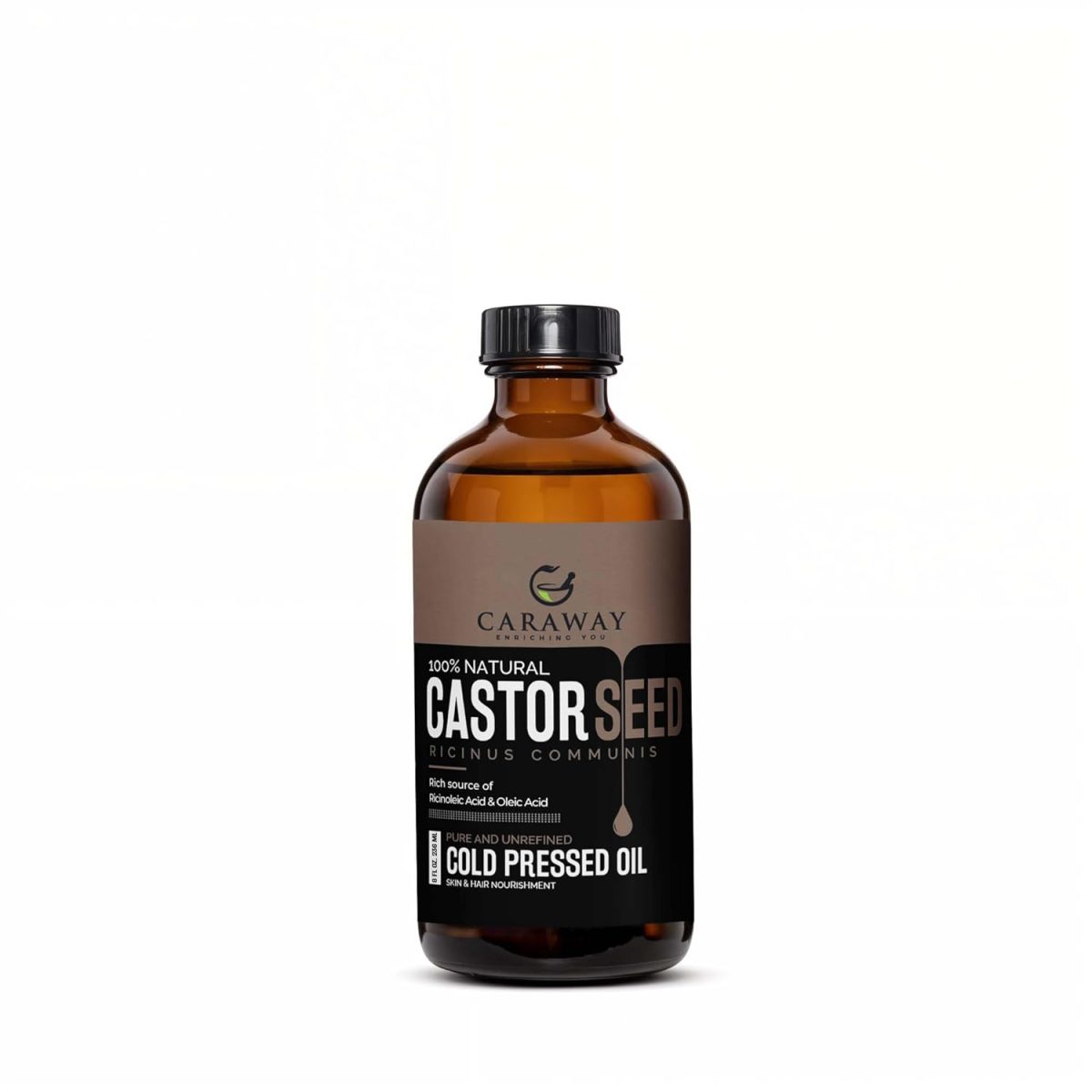 CARAWAY Organic Cold Pressed Castor Oil – Edible for Constipation Relief & Hexane-Free Castor Oil for Hair Growth, liver detox Skin & Joint pain glass bottle – 236 ml / 8 oz