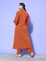 Varanga Women Rust Shirt Collar Neck A-Line Kurta Paired with Tonal Bottom – Elegant & Comfortable Ethnic Wear for Women - Image 4