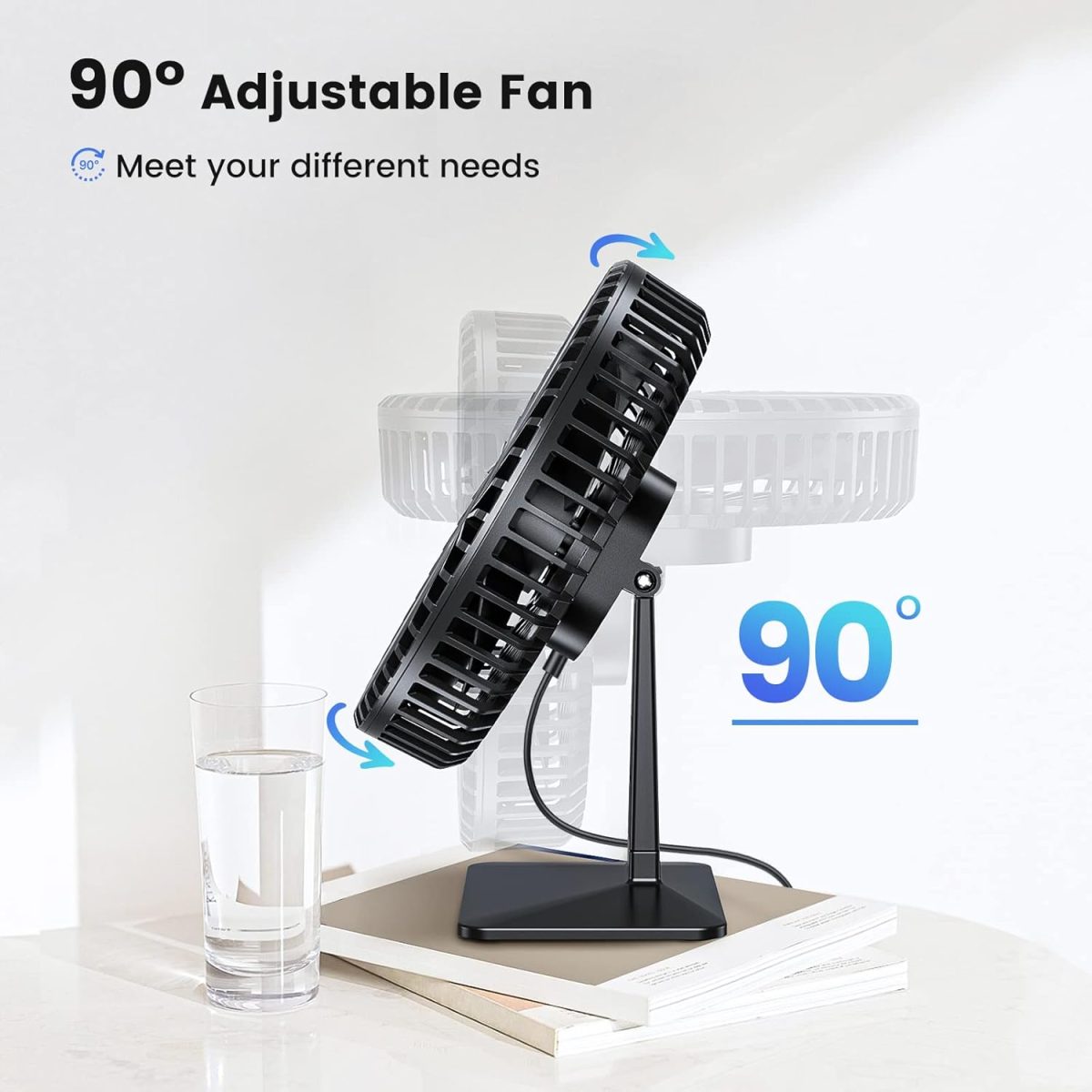 Gaiatop Small Table Fan, 6.5 Inch Ultra-quiet, 90° Adjustment for Better Cooling, 3 Speeds Portable Mini Powerful Desktop Table Fan, Small Personal Cooling Fan for Home Office (Black leaf) - Image 8
