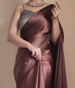 SHOPAZ Women's Ready to Wear Coffee Satin Silk 1 Minute Pre Pleated Heavy Saree with Unstitched Coffee Blouse - Image 2