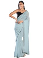 AKHILAM Women's Black Embellished Georgette Saree With Unstitched Blouse Piece