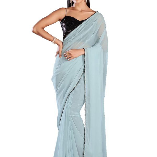 AKHILAM Women's Black Embellished Georgette Saree With Unstitched Blouse Piece