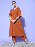 Varanga Women Rust Shirt Collar Neck A-Line Kurta Paired with Tonal Bottom – Elegant & Comfortable Ethnic Wear for Women - Image 2