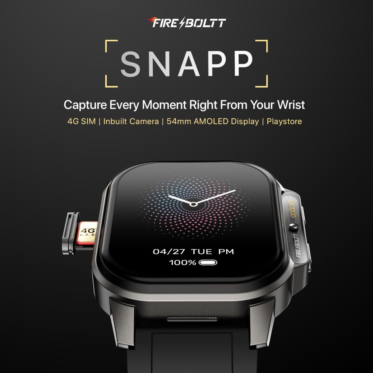 Fire-Boltt Snapp Smart Watch, Selfie Camera, 4G Nano-SIM Slot, 54.1mm AMOLED Display, Play Store- Unlimited apps, 1000mAh Battery, 2GB/4GB RAM + 16GB/64GB ROM (Archaic Black) - Image 2