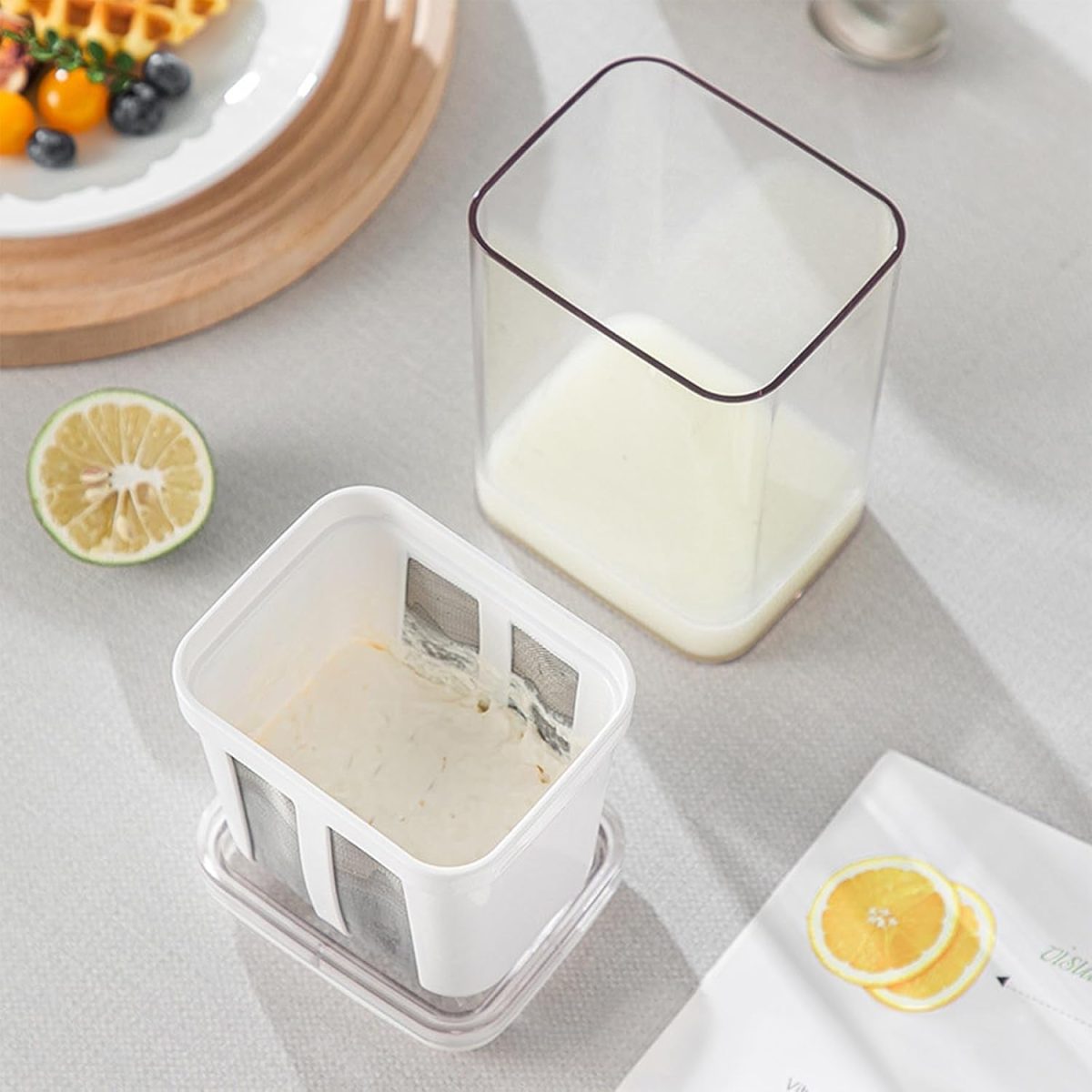 E-COSMOS Plastic Multipurpose Greek Yogurt & Curd Maker Hung Curd - 1100ml | Durable, BPA-Free | Easy Homemade Yogurt & Cheese (Yogurt Maker), 10L x 8W x 16H cm, Multi-Coloured - Image 3