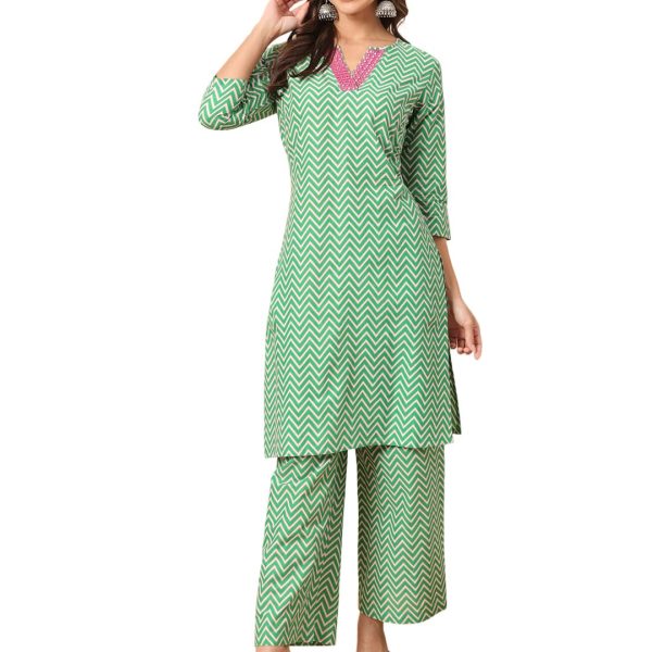 FIORRA Women's Sea Green Cotton Straight Kurta Set