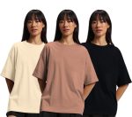 JUNEBERRY® 100% Pure Cotton Drop Shoulder Oversized Baggy Fit Half Sleeve Plain Solid Round Neck Multicolor T-Shirt Combo for Women & Girls (Pack of 3) (Sizes S-2XL)