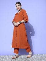 Varanga Women Rust Shirt Collar Neck A-Line Kurta Paired with Tonal Bottom – Elegant & Comfortable Ethnic Wear for Women - Image 3