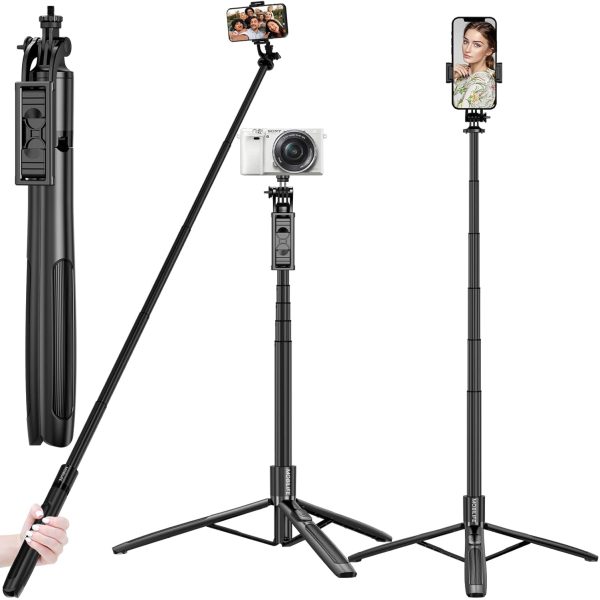 Mobilife Long Selfie Stick with Tripod Stand Aluminum 61 inch Multifunctional Bluetooth Tripod for Mobile Phone Vlogging Live Stream 1/4" Screw for Mirrorless/Action Camera Ring Light Gopro, Black