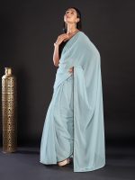 AKHILAM Women's Black Embellished Georgette Saree With Unstitched Blouse Piece - Image 5