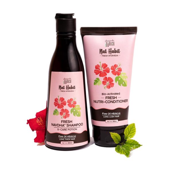 Nat Habit Hibiscus Navdha Shampoo & Conditioner Combo with Reetha, Amla & Castor for Women & Men Dry & Frizzy Hair | Hair Growth & Hair Fall, 72 Hr Frizz Control, Long & Shiny Hair | Sulphate-Free