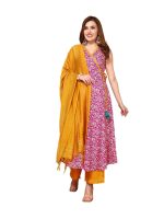 Sanisa Women's Cotton Blend Printed Anarkali Kurta with Pant and Self Woven Dupatta