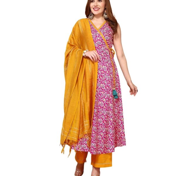 Sanisa Women's Cotton Blend Printed Anarkali Kurta with Pant and Self Woven Dupatta