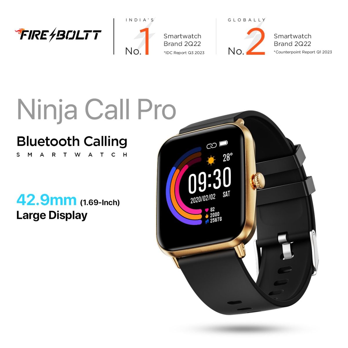 Fire-Boltt Ninja Call Pro Smart Watch Dual Chip Bluetooth Calling, 42.92mm (1.69 inch) HD Display, AI Voice Assistance with 100 Sports Modes, with SpO2 & Heart Rate Monitoring (Gold Black) - Image 2