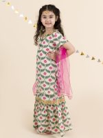 Pspeaches Girls Off White Floral Yoke Design Empire Pure Cotton Kurti With Skirt With Dupatta (White) - Image 2