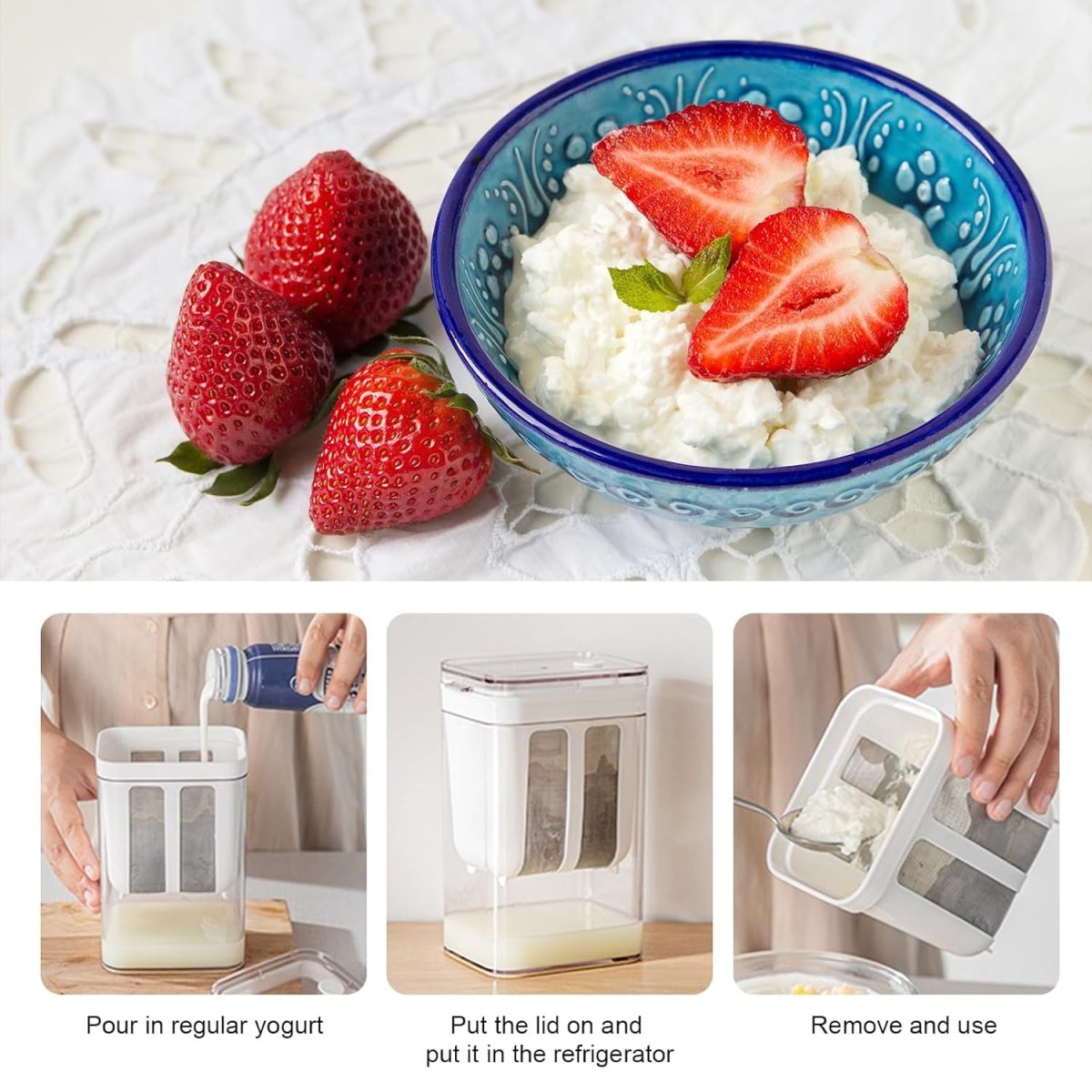 E-COSMOS Plastic Multipurpose Greek Yogurt & Curd Maker Hung Curd - 1100ml | Durable, BPA-Free | Easy Homemade Yogurt & Cheese (Yogurt Maker), 10L x 8W x 16H cm, Multi-Coloured - Image 4