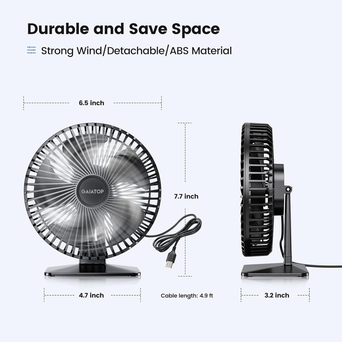 Gaiatop Small Table Fan, 6.5 Inch Ultra-quiet, 90° Adjustment for Better Cooling, 3 Speeds Portable Mini Powerful Desktop Table Fan, Small Personal Cooling Fan for Home Office (Black leaf) - Image 2
