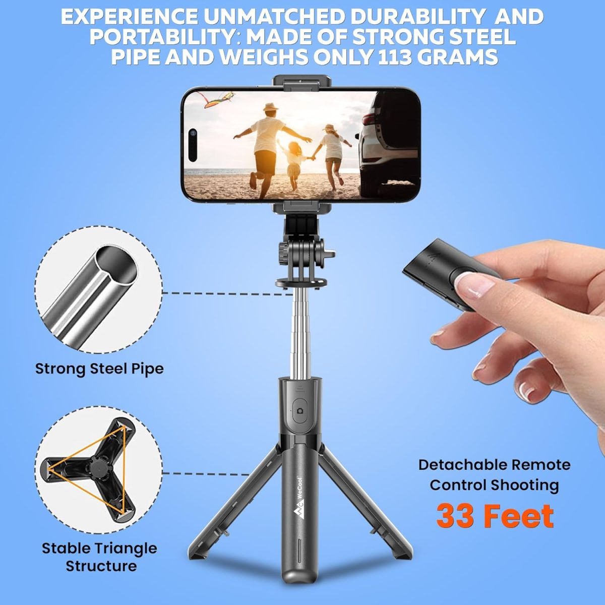 WeCool Bluetooth Extendable Selfie Sticks with Wireless Remote and Tripod Stand, 3-in-1 Multifunctional Selfie Stick with Tripod Stand Compatible with iPhone/OnePlus/Samsung/Oppo/Vivo and All Phones - Image 9