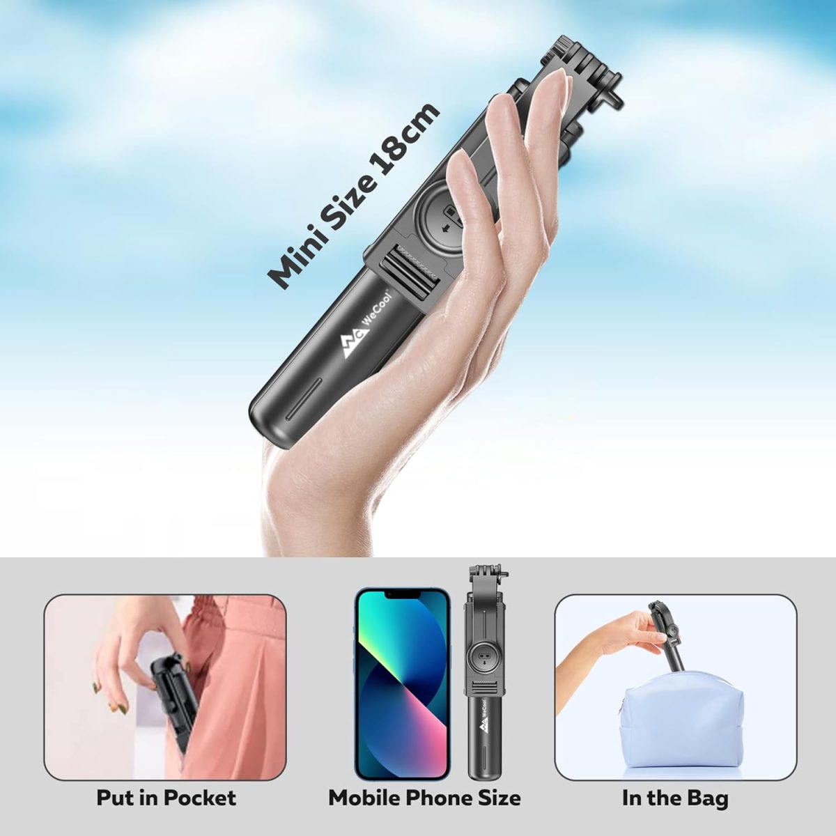 WeCool Bluetooth Extendable Selfie Sticks with Wireless Remote and Tripod Stand, 3-in-1 Multifunctional Selfie Stick with Tripod Stand Compatible with iPhone/OnePlus/Samsung/Oppo/Vivo and All Phones - Image 5