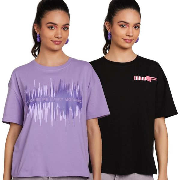 Amazon Brand - Symbol Women's Cotton Stretch Oversized Fit Round Neck Half Sleeve T-Shirt (Pack of 2 | Available in Plus Size)