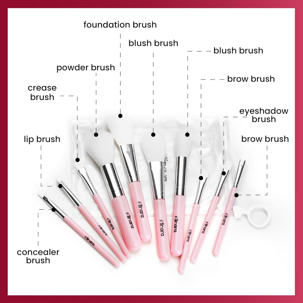 Minara Makeup Brush Set Of 10 With Easy To Carry Pouch (Pink) | Travel Size Cosmetic Brushes Kit For Face Foundation Brush Eyeshadow With Storage | Makeup Pouch For Women | - Image 4