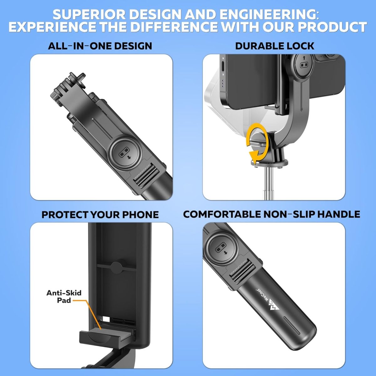 WeCool Bluetooth Extendable Selfie Sticks with Wireless Remote and Tripod Stand, 3-in-1 Multifunctional Selfie Stick with Tripod Stand Compatible with iPhone/OnePlus/Samsung/Oppo/Vivo and All Phones - Image 4