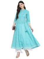 Vbuyz Women's Embroidered & Printed Anarkali Cotton Sky Blue Kurta