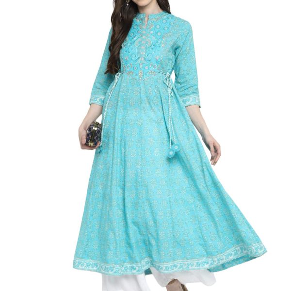 Vbuyz Women's Embroidered & Printed Anarkali Cotton Sky Blue Kurta