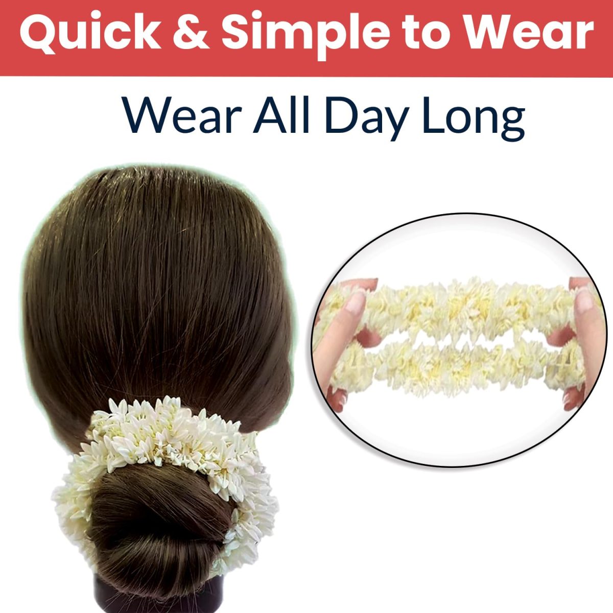 Temperia (2 Pcs) Scented Mogra Gajra Hair Accessories For Women & Girls - Hair Flower Bun Artificial Fake Gajra Scrunchies Rubber Band - Premium & Voluminous, White - Image 4