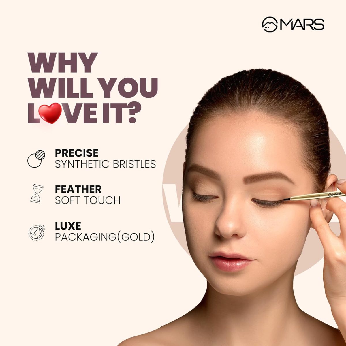 MARS Artist's Arsenal Professional Eyeliner Brush | Feather Soft Touch | Precise Synthetic Bristles | Perfect For Winged Eye Liner | Luxe Packaging Makeup Brush (Golden) - Image 2