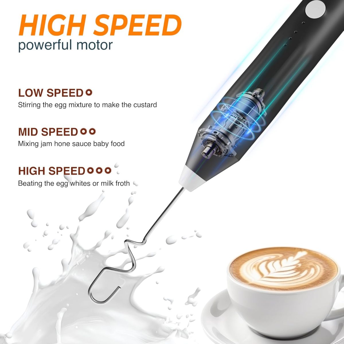 CPENSUS Coffee frother Electric with 3 Whisker & Stand 3-Speed Adjustable 1100mAh Battery Milk Blender Beater Handheld Foam Maker Mixer Gift 11000 RPM Lattes Cappuccino (4 in 1 Black) - Image 3