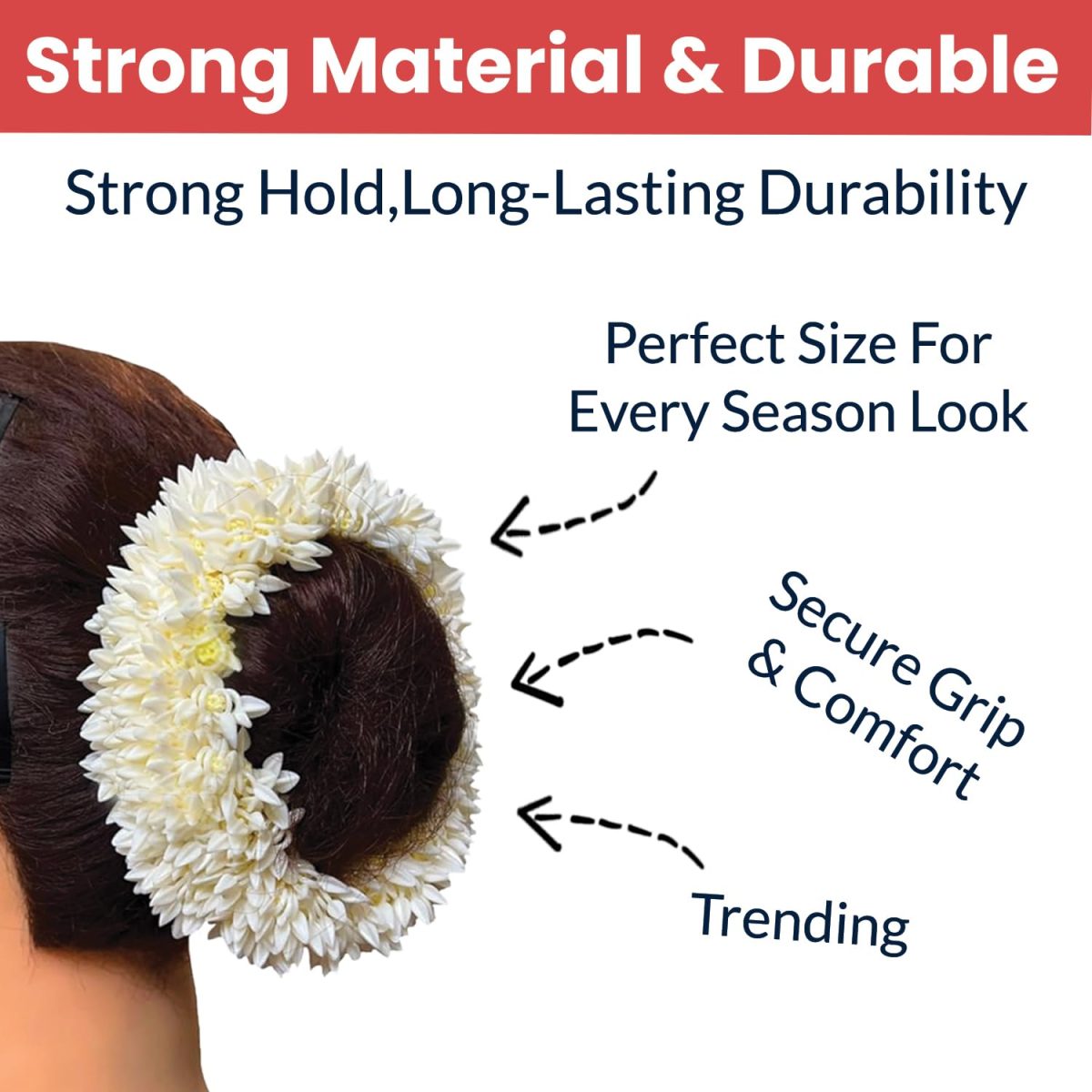 Temperia (2 Pcs) Scented Mogra Gajra Hair Accessories For Women & Girls - Hair Flower Bun Artificial Fake Gajra Scrunchies Rubber Band - Premium & Voluminous, White - Image 3