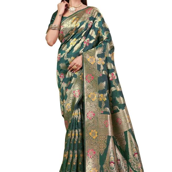 Sugathari Women's Rama Green kanjivaram banarasi silk saree for Patola festival Wedding silk with rich pallu Design sarees for women with blouse piece (San JM)