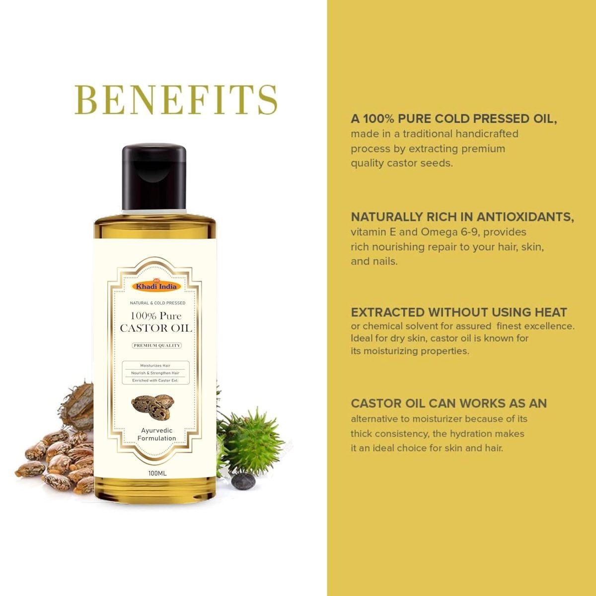 khadi Pure Castor Oil For Hair Growth - 100% Cold-Pressed, Deep Hydration for Hair, Skin & Nails, Promotes Thicker Hair, Adds Natural Shine, Versatile Beauty Oil 100ml - Image 3
